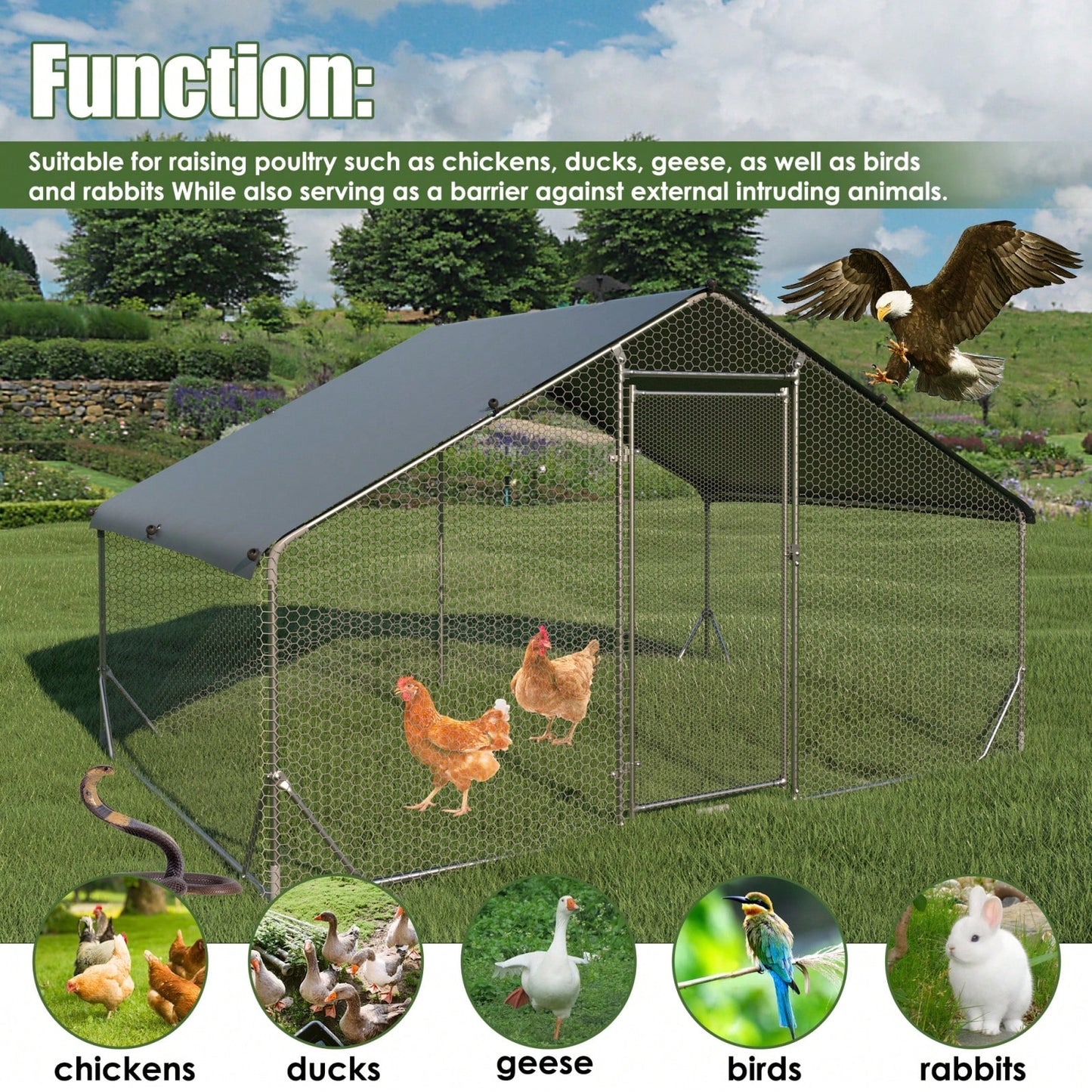 Heavy Duty Outdoor Chicken Coop with Waterproof Cover and Reinforced Steel Wire for Chickens Ducks Rabbits