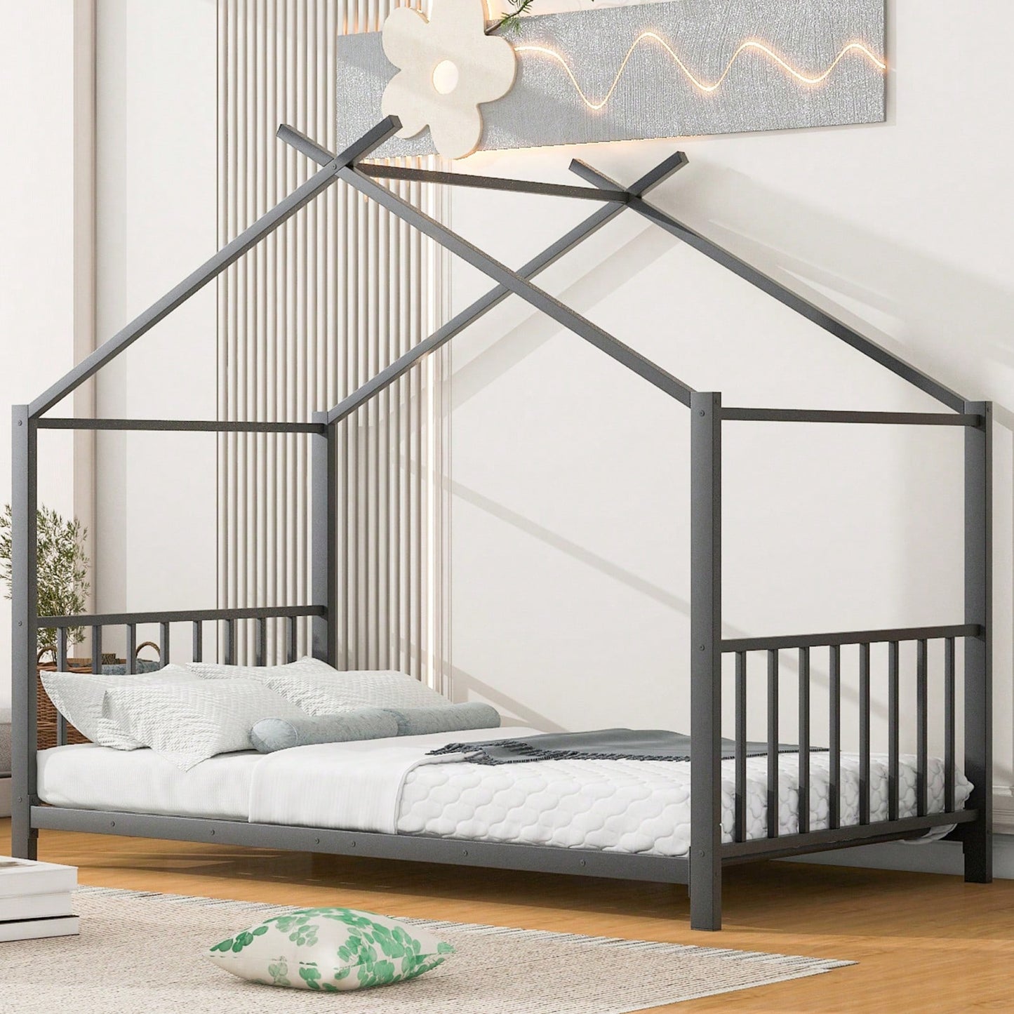 Twin House Bed Frame With Slat Support - No Box Spring Needed - Sturdy Metal Frame - Safe & Stylish For Kids Bedroom - Easy Assembly (Black)