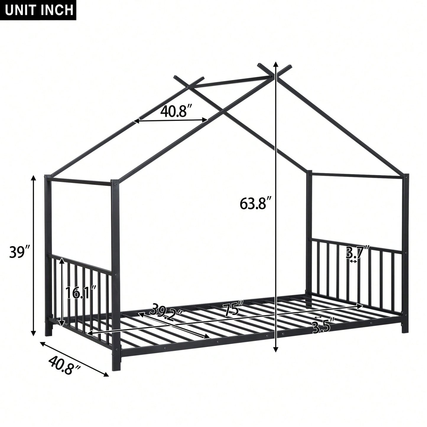 Twin House Bed Frame With Slat Support - No Box Spring Needed - Sturdy Metal Frame - Safe & Stylish For Kids Bedroom - Easy Assembly (Black)