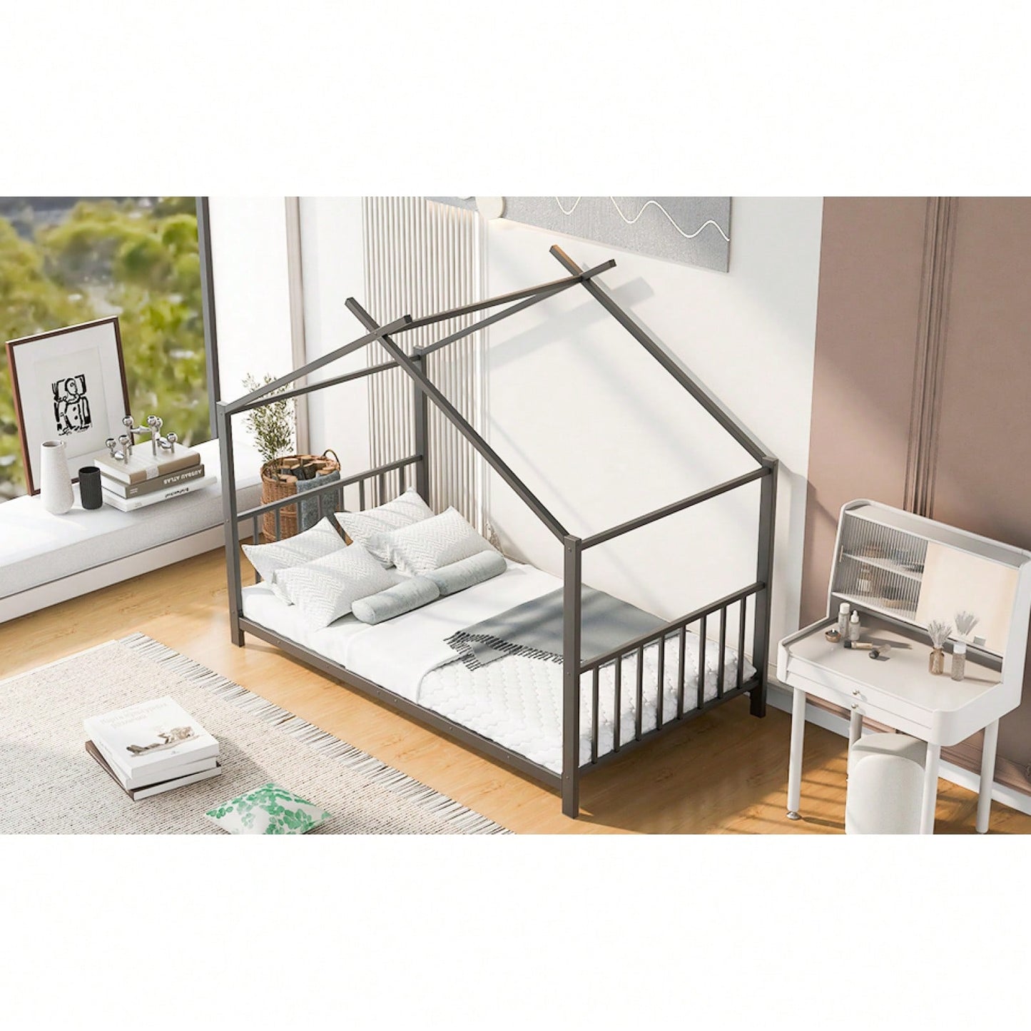 Twin House Bed Frame With Slat Support - No Box Spring Needed - Sturdy Metal Frame - Safe & Stylish For Kids Bedroom - Easy Assembly (Black)