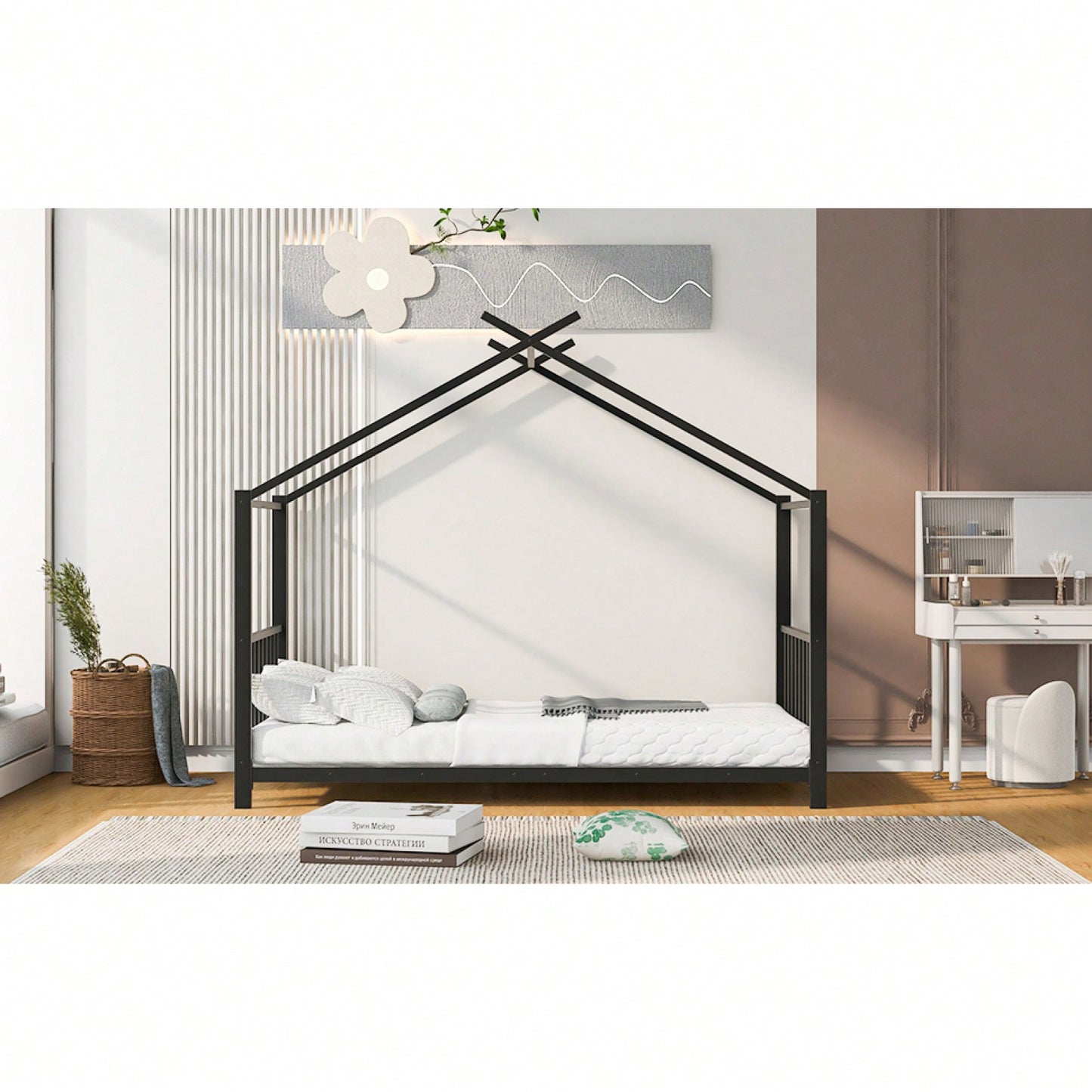 Twin House Bed Frame With Slat Support - No Box Spring Needed - Sturdy Metal Frame - Safe & Stylish For Kids Bedroom - Easy Assembly (Black)