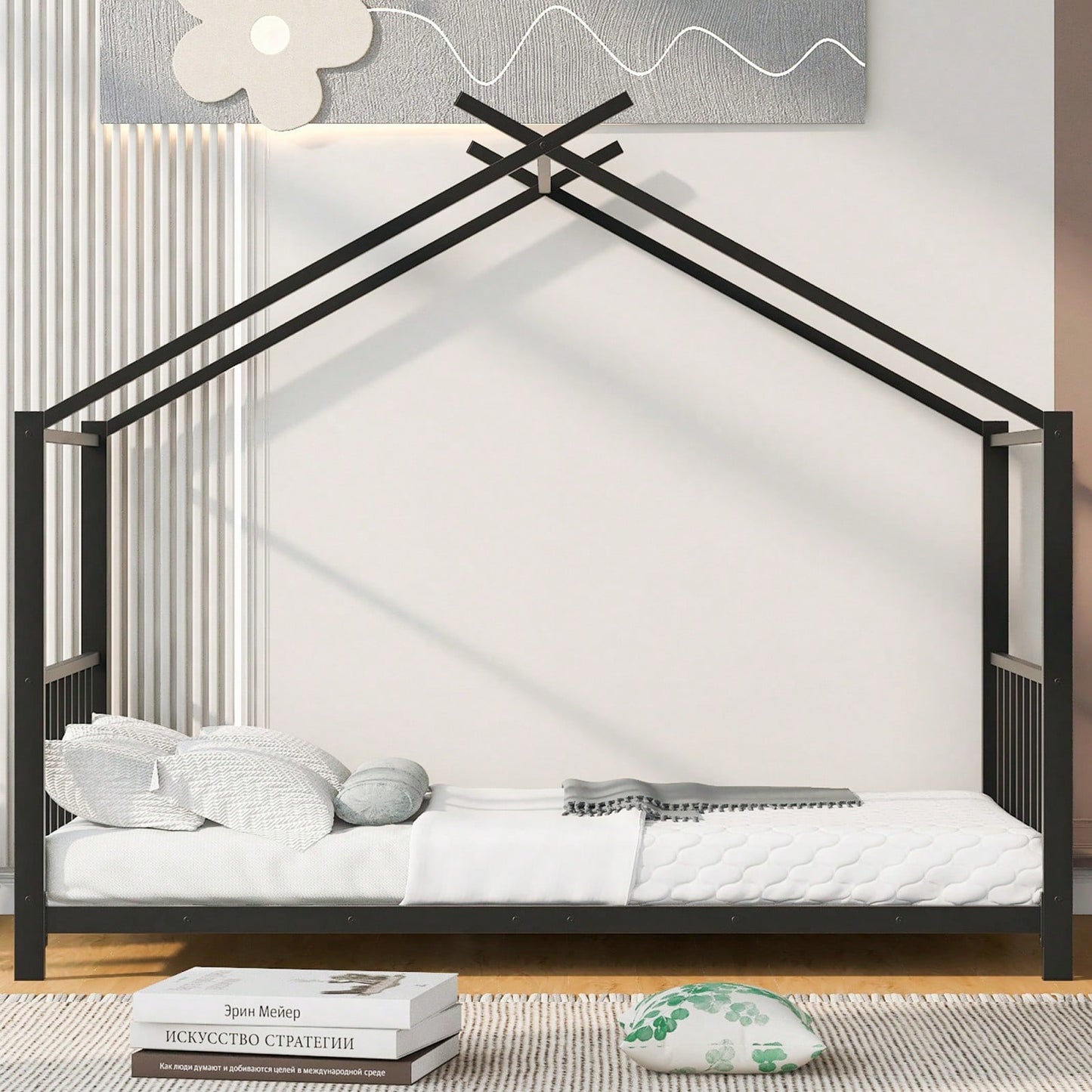 Twin House Bed Frame With Slat Support - No Box Spring Needed - Sturdy Metal Frame - Safe & Stylish For Kids Bedroom - Easy Assembly (Black)