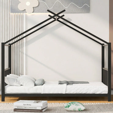 Twin House Bed Frame With Slat Support - No Box Spring Needed - Sturdy Metal Frame - Safe & Stylish For Kids Bedroom - Easy Assembly (Black)