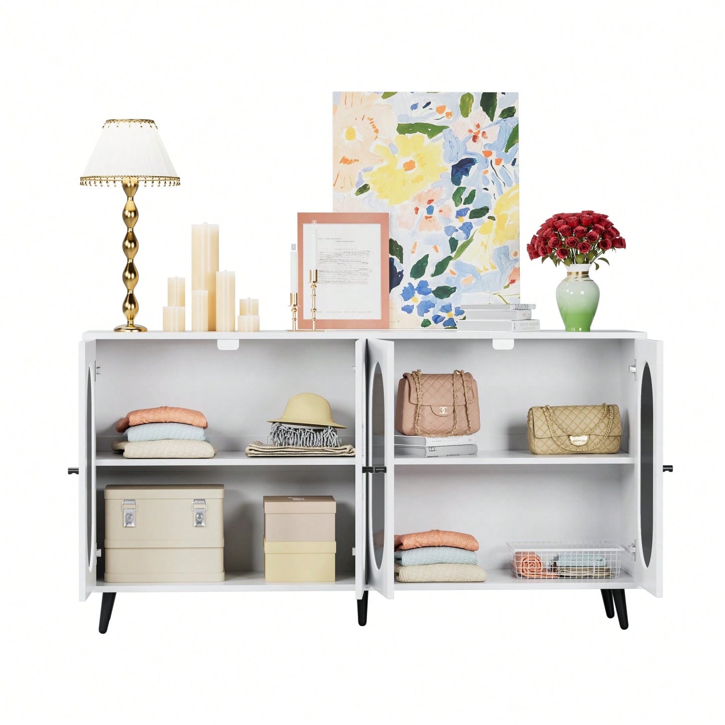 Acrylic Door Modern Sideboard Cabinet Freestanding Storage Console with Adjustable Shelves for Home and Office White