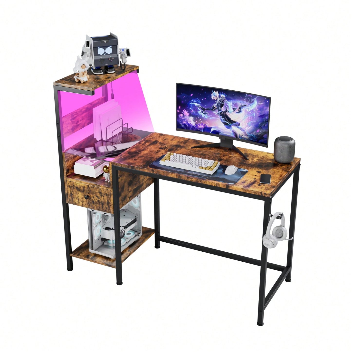 Reversible Home Office Desk With 4-Tier Shelves And Drawer, Gaming Desk With LED Lights, Computer Desk With Charge Outlets