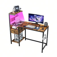 Reversible Home Office Desk With 4-Tier Shelves And Drawer, Gaming Desk With LED Lights, Computer Desk With Charge Outlets