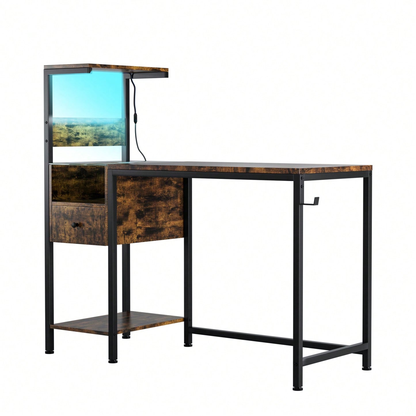 Reversible Home Office Desk With 4-Tier Shelves And Drawer, Gaming Desk With LED Lights, Computer Desk With Charge Outlets