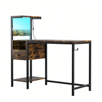 Reversible Home Office Desk With 4-Tier Shelves And Drawer, Gaming Desk With LED Lights, Computer Desk With Charge Outlets