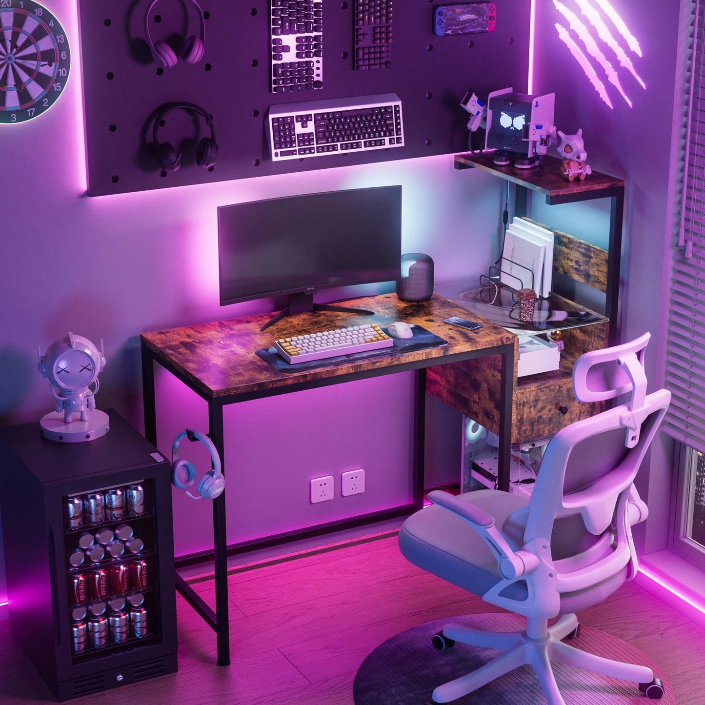 Reversible Home Office Desk With 4-Tier Shelves And Drawer, Gaming Desk With LED Lights, Computer Desk With Charge Outlets