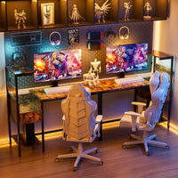 Reversible Home Office Desk With 4-Tier Shelves And Drawer, Gaming Desk With LED Lights, Computer Desk With Charge Outlets
