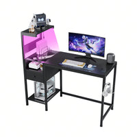 Reversible Home Office Desk With 4-Tier Shelves And Drawer, Gaming Desk With LED Lights, Computer Desk With Charge Outlets