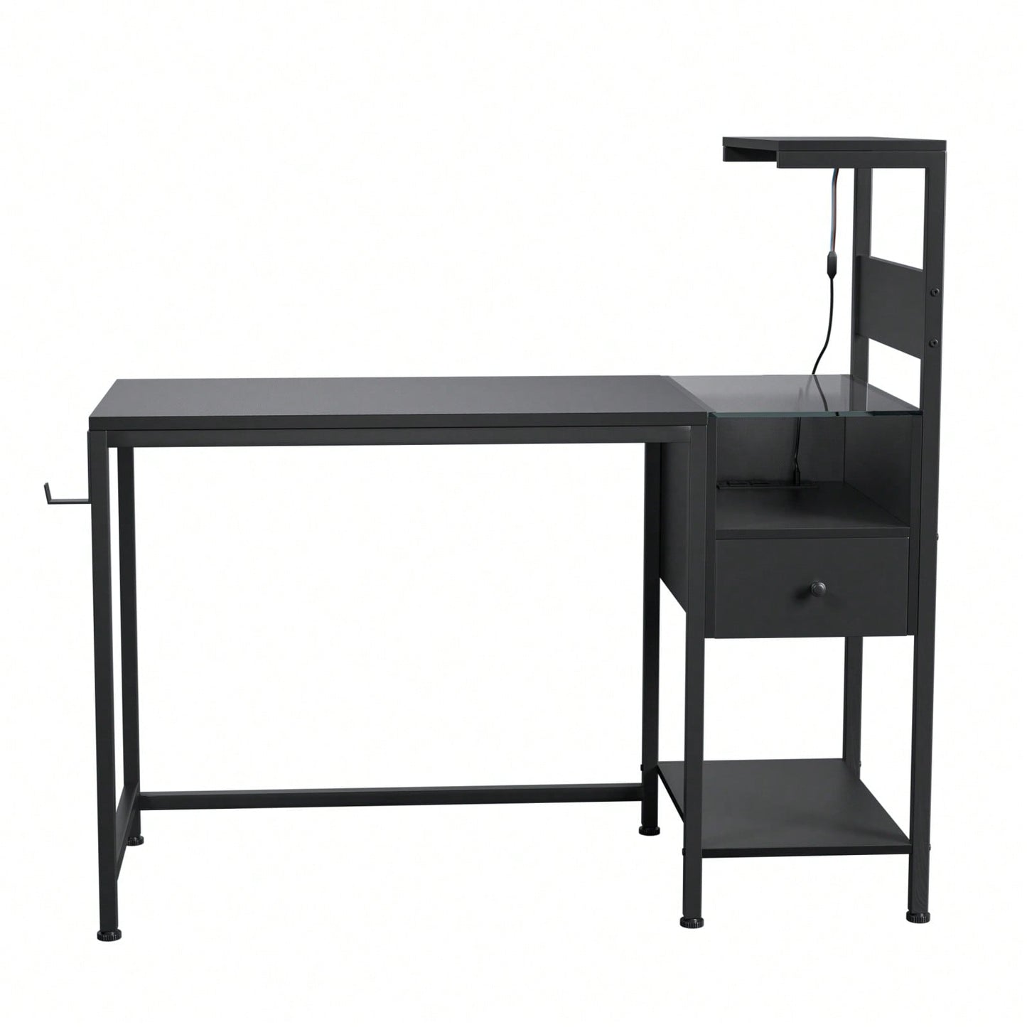 Reversible Home Office Desk With 4-Tier Shelves And Drawer, Gaming Desk With LED Lights, Computer Desk With Charge Outlets