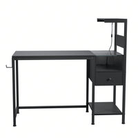 Reversible Home Office Desk With 4-Tier Shelves And Drawer, Gaming Desk With LED Lights, Computer Desk With Charge Outlets