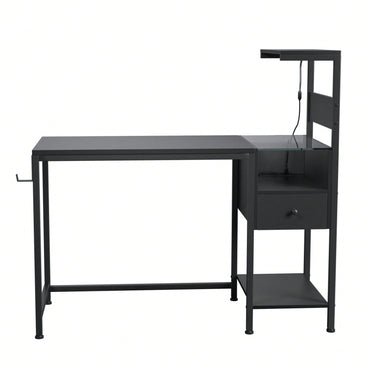 Reversible Home Office Desk With 4-Tier Shelves And Drawer, Gaming Desk With LED Lights, Computer Desk With Charge Outlets