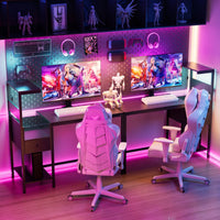Reversible Home Office Desk With 4-Tier Shelves And Drawer, Gaming Desk With LED Lights, Computer Desk With Charge Outlets