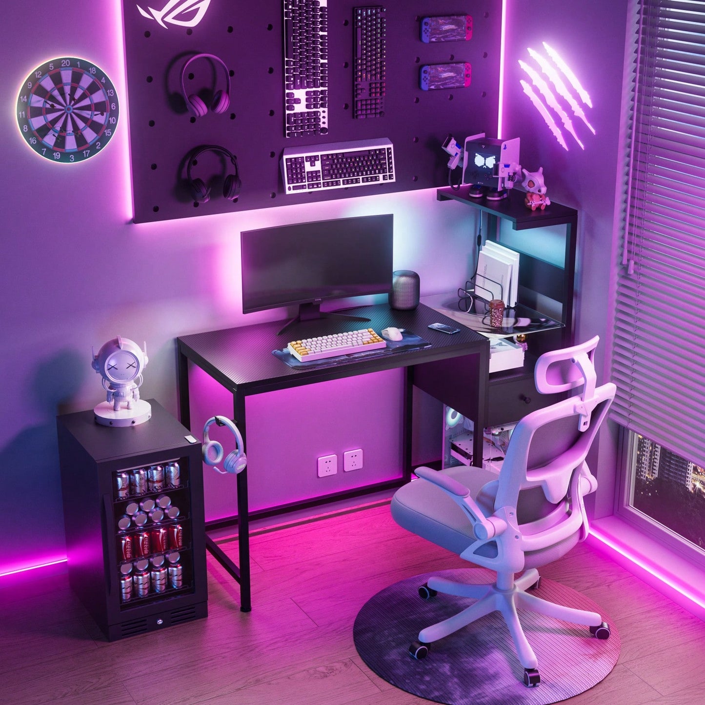 Reversible Home Office Desk With 4-Tier Shelves And Drawer, Gaming Desk With LED Lights, Computer Desk With Charge Outlets