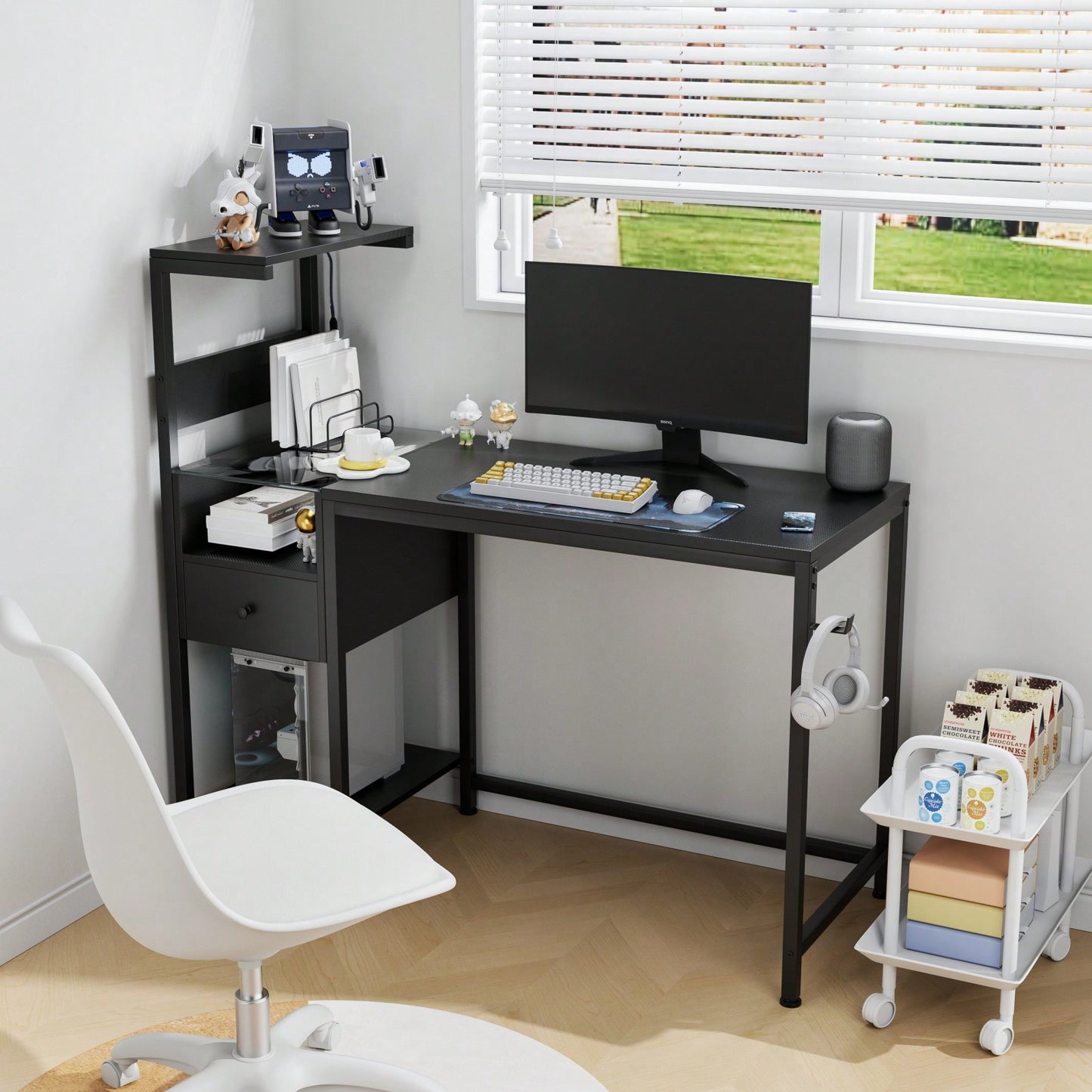 Reversible Home Office Desk With 4-Tier Shelves And Drawer, Gaming Desk With LED Lights, Computer Desk With Charge Outlets