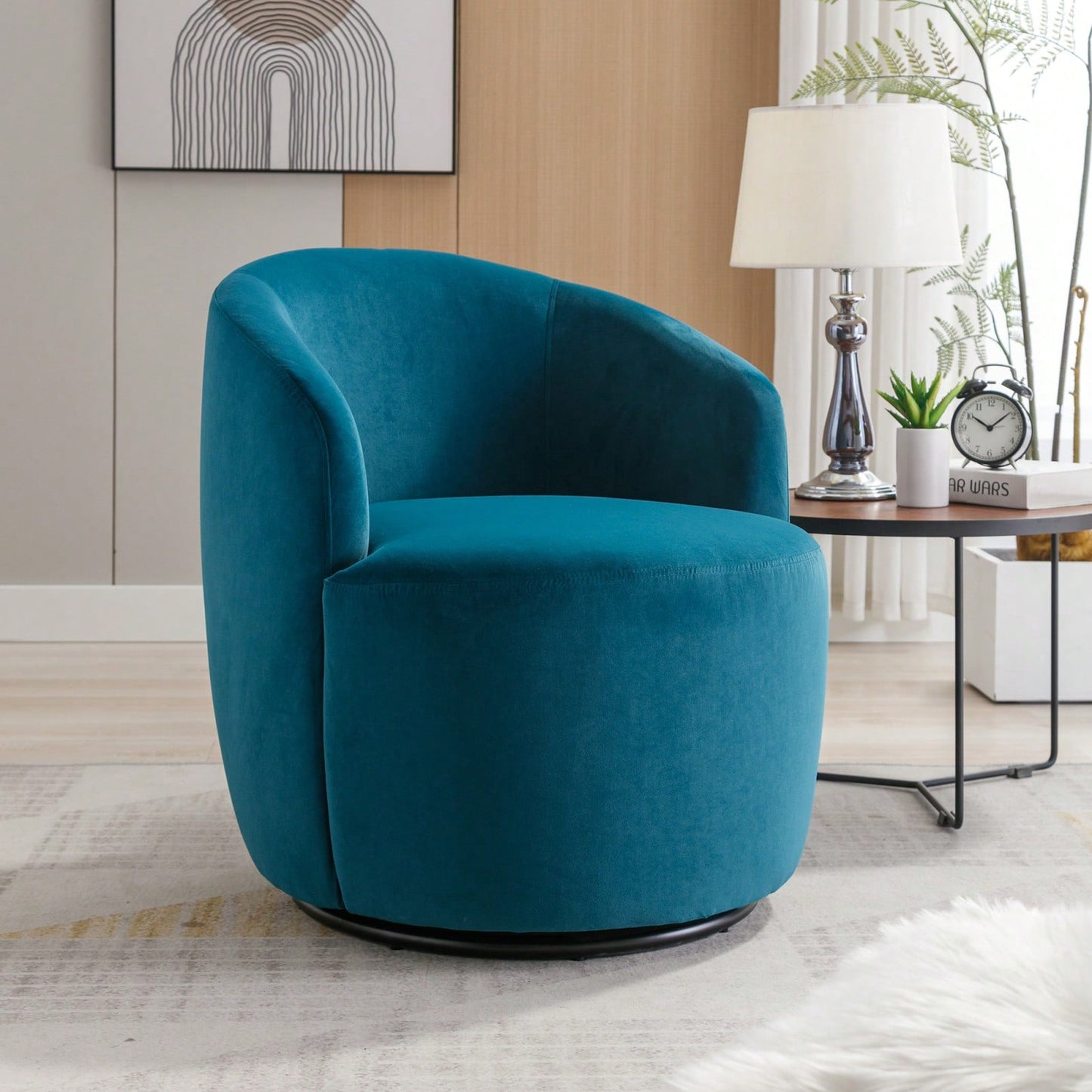 Velvet Fabric Swivel Accent Armchair Barrel Chair With Black Powder Coating Metal Ring