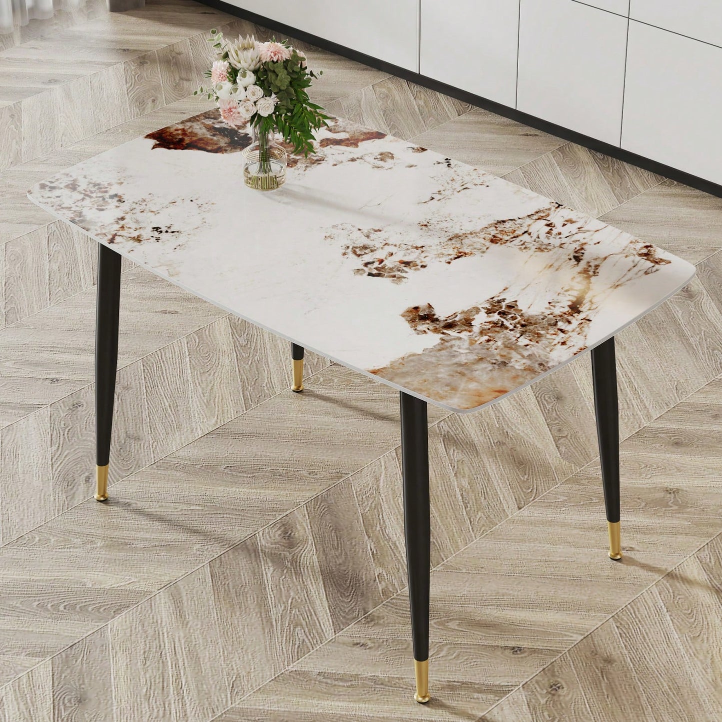 Modern Minimalist Dining Table. Imitation Marble Pattern SINTERED STONE Desktop With Black Metal Legs.50"*30"*30"