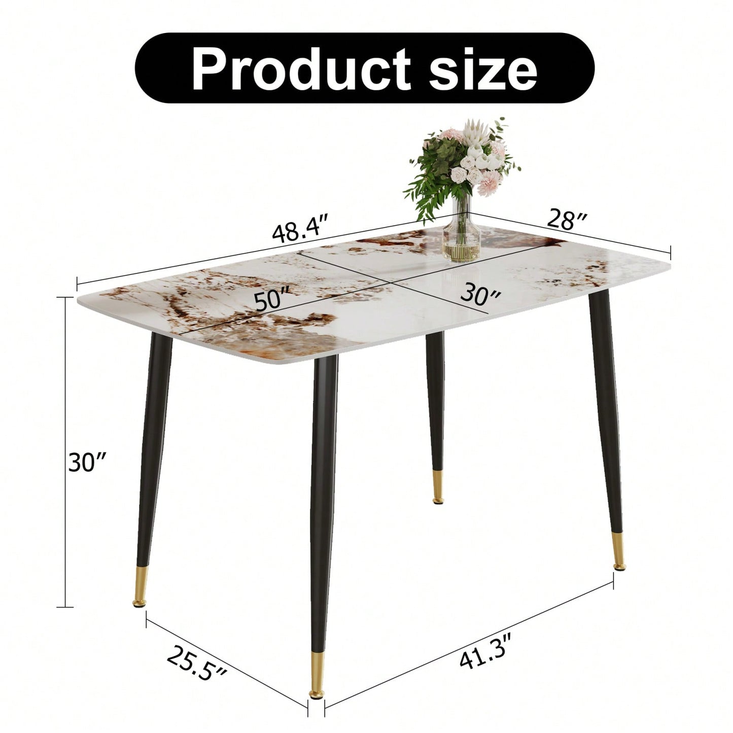 Modern Minimalist Dining Table. Imitation Marble Pattern SINTERED STONE Desktop With Black Metal Legs.50"*30"*30"