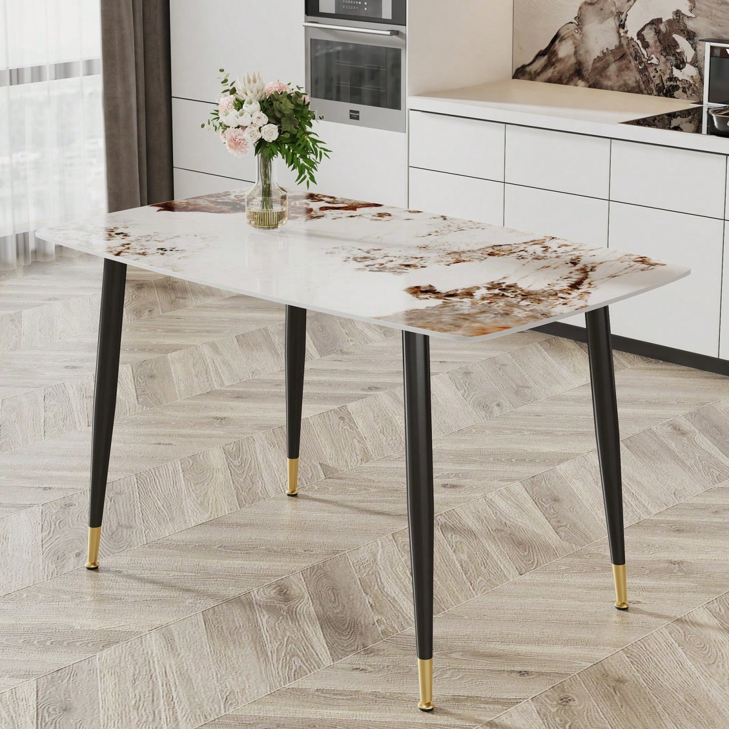 Modern Minimalist Dining Table. Imitation Marble Pattern SINTERED STONE Desktop With Black Metal Legs.50"*30"*30"