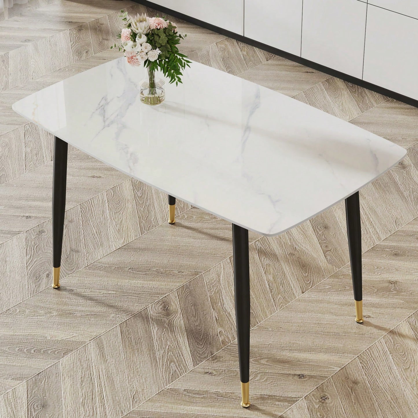 Modern Minimalist Dining Table. Imitation Marble Pattern SINTERED STONE Desktop With Black Metal Legs.50"*30"*30"