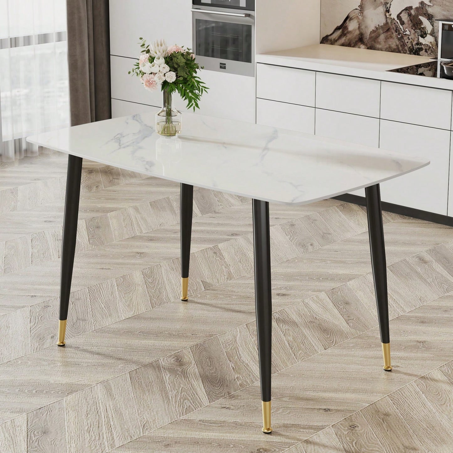 Modern Minimalist Dining Table. Imitation Marble Pattern SINTERED STONE Desktop With Black Metal Legs.50"*30"*30"