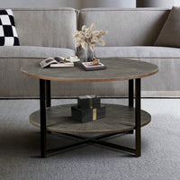 2-Tier Round Coffee Table With Storage, Farmhouse Living Room Cocktail Table With Black Metal Leg,Patchwork Desktop Effect Easy Assembly