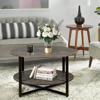 2-Tier Round Coffee Table With Storage, Farmhouse Living Room Cocktail Table With Black Metal Leg,Patchwork Desktop Effect Easy Assembly
