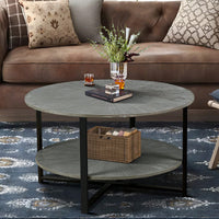 2-Tier Round Coffee Table With Storage, Farmhouse Living Room Cocktail Table With Black Metal Leg,Patchwork Desktop Effect Easy Assembly