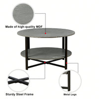 2-Tier Round Coffee Table With Storage, Farmhouse Living Room Cocktail Table With Black Metal Leg,Patchwork Desktop Effect Easy Assembly