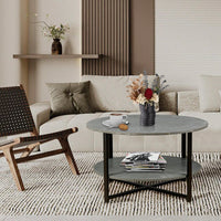 2-Tier Round Coffee Table With Storage, Farmhouse Living Room Cocktail Table With Black Metal Leg,Patchwork Desktop Effect Easy Assembly