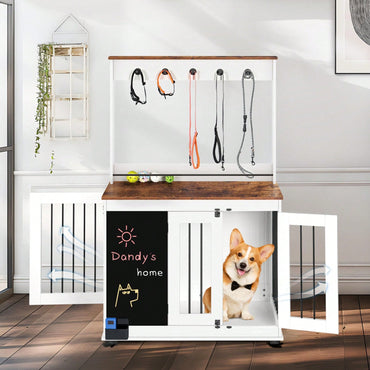 Dog Crate,Graffiti Dog Cage, Kennel With Double Doors, Crate Interior Furniture, Heavy Wooden Dog Cage, Large Dog, White