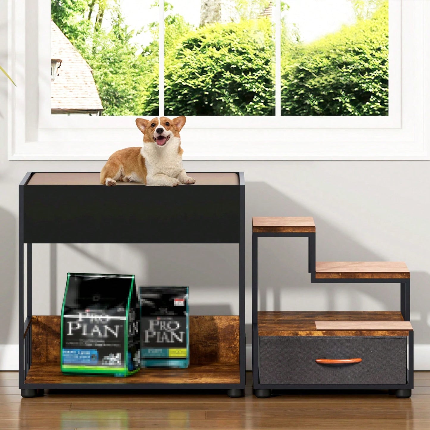 Elevated Dog Bed with Storage and Double Decker Pet Steps for Small to Medium Pets up to 90lbs