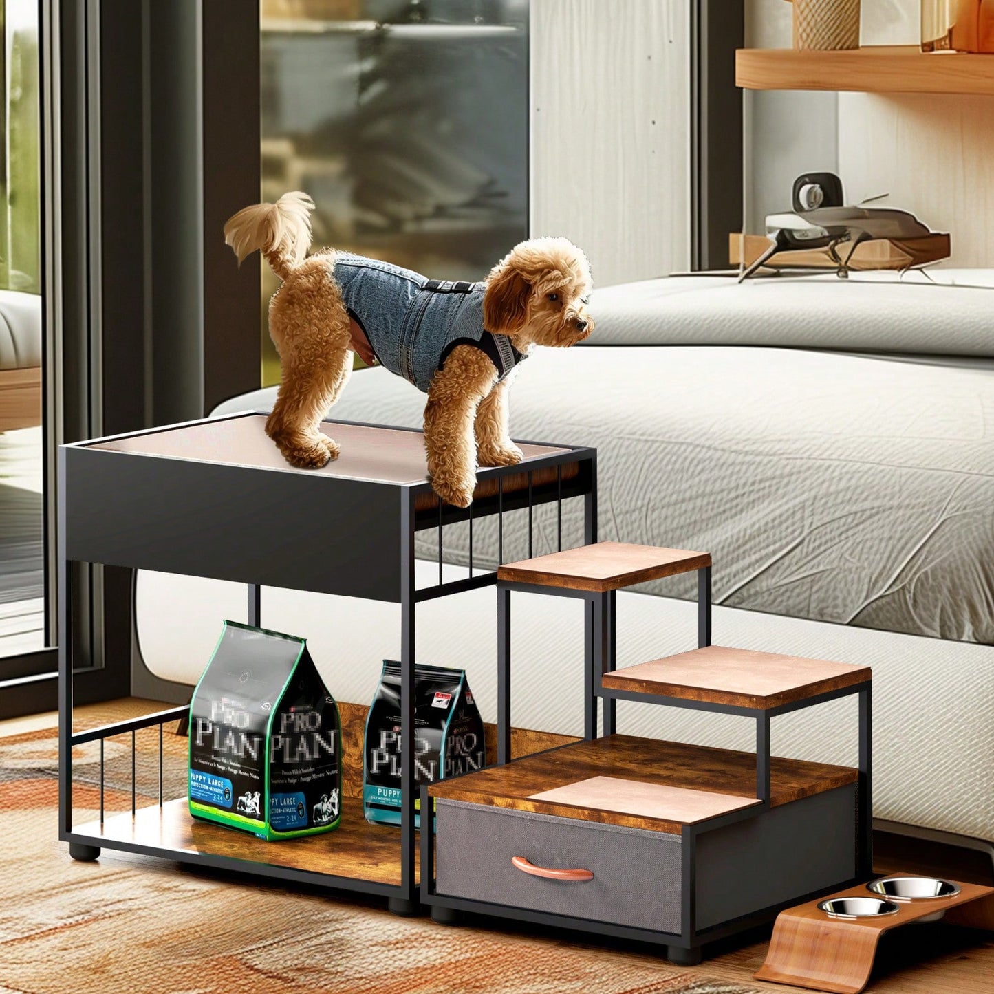 Elevated Dog Bed with Storage and Double Decker Pet Steps for Small to Medium Pets up to 90lbs