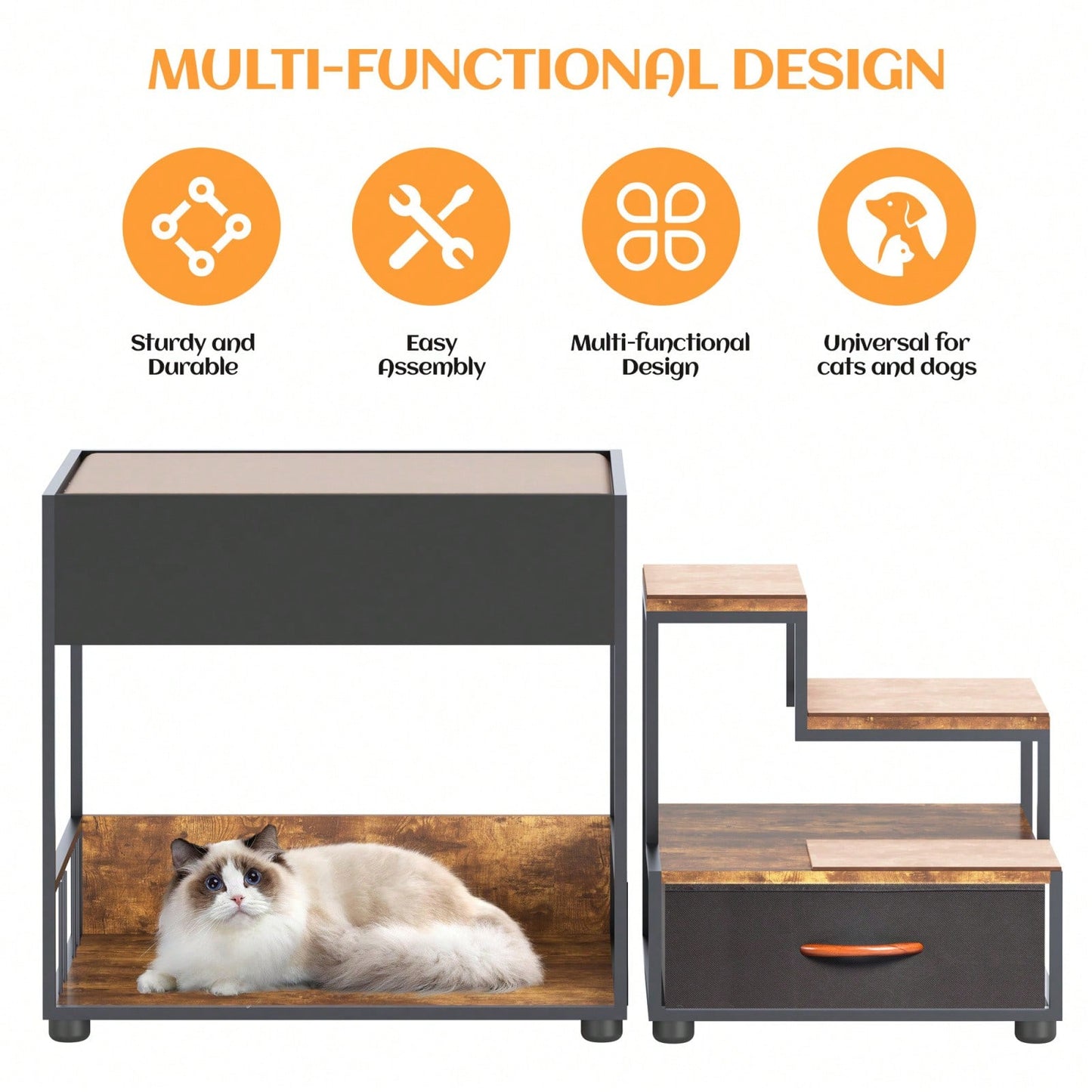 Elevated Dog Bed with Storage and Double Decker Pet Steps for Small to Medium Pets up to 90lbs