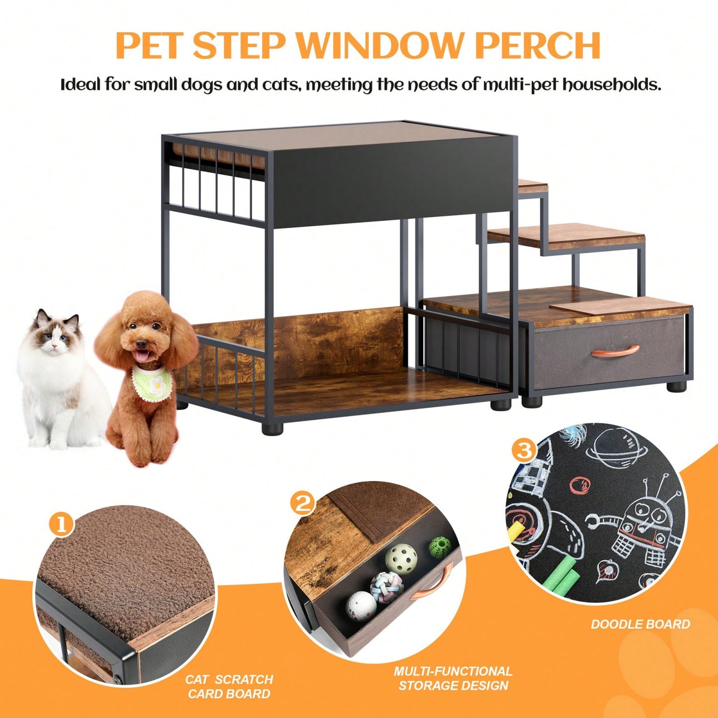 Elevated Dog Bed with Storage and Double Decker Pet Steps for Small to Medium Pets up to 90lbs