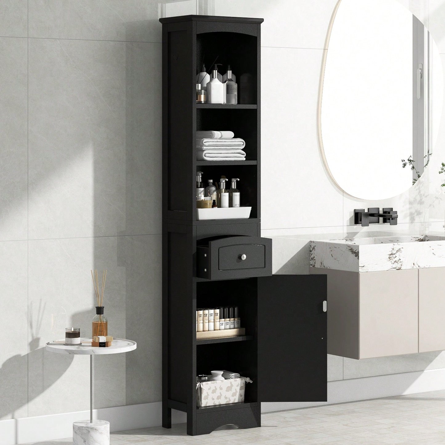 Slim Freestanding Bathroom Storage Cabinet with Drawer Adjustable Shelf Anti-Tip Design for Small Spaces Black