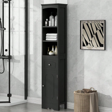 Slim Freestanding Bathroom Storage Cabinet with Drawer Adjustable Shelf Anti-Tip Design for Small Spaces Black