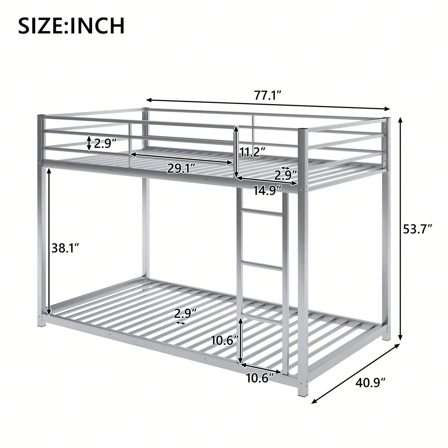 Twin Over Twin Metal Bunk Bed With Ladder - Space-Saving Low Bunk Design For Kids Or Adults - Sturdy Steel Frame