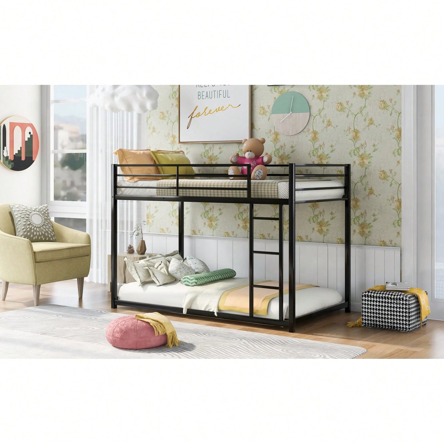 Twin Over Twin Metal Bunk Bed With Ladder - Space-Saving Low Bunk Design For Kids Or Adults - Sturdy Steel Frame