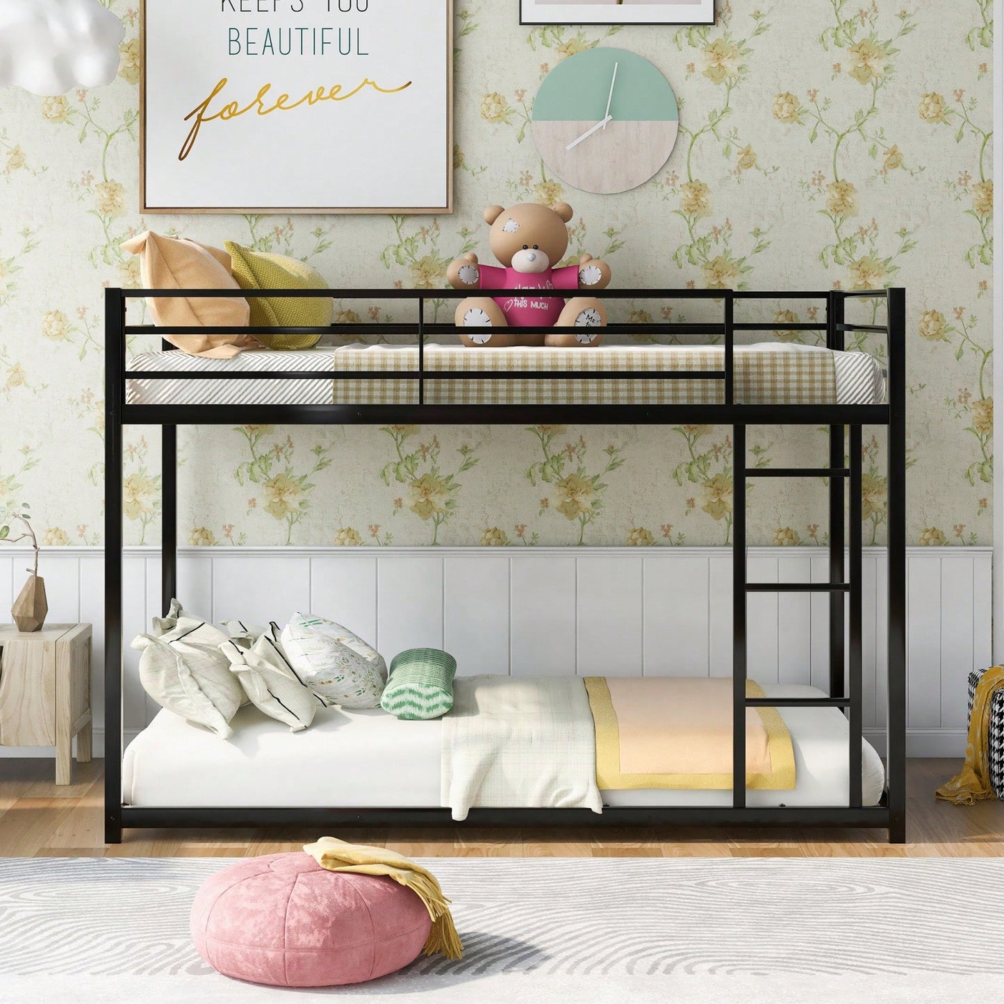 Twin Over Twin Metal Bunk Bed With Ladder - Space-Saving Low Bunk Design For Kids Or Adults - Sturdy Steel Frame