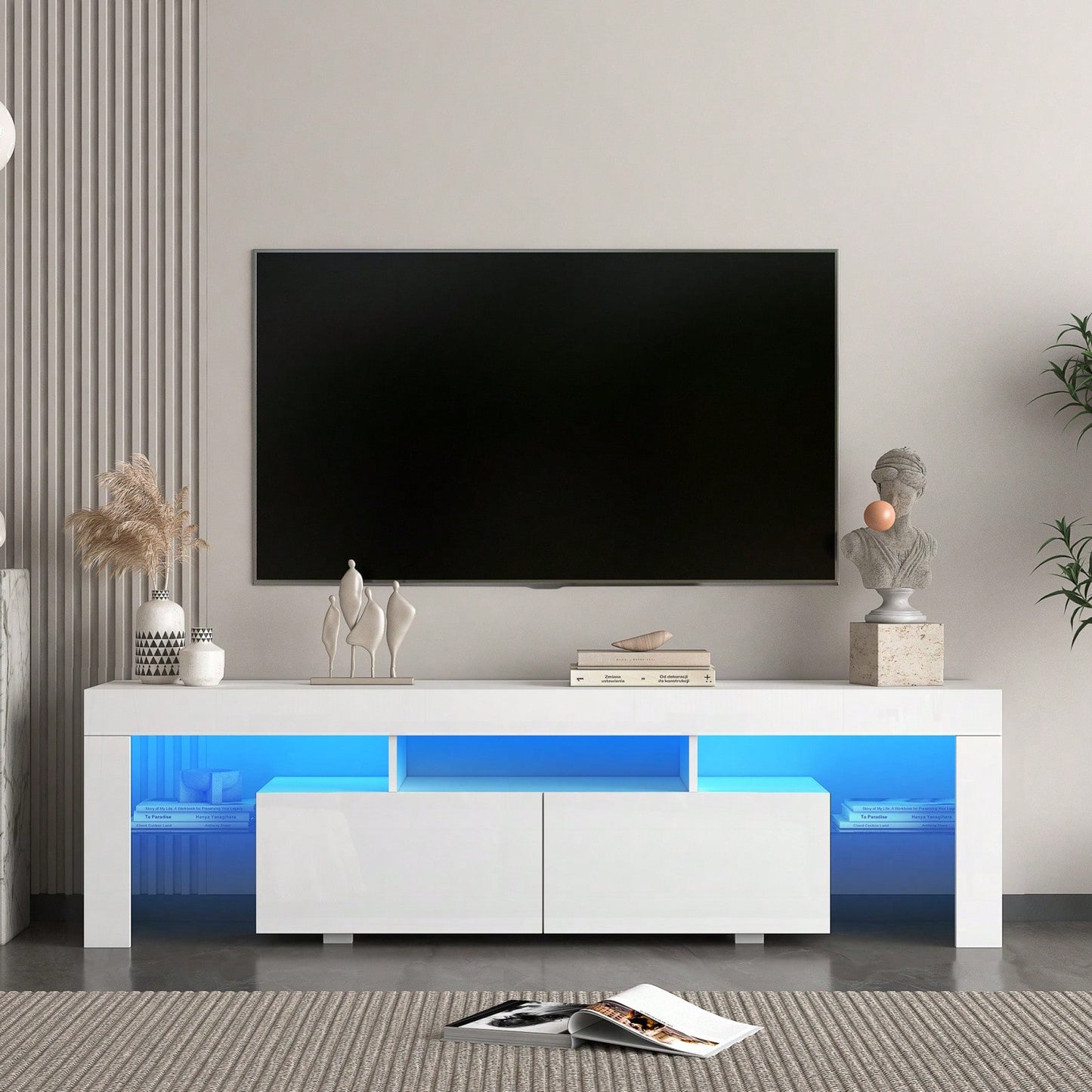 High Gloss TV Stand With LED Lights For TVs Up To 65'', Modern TV Console With Storage Cabinets For Living Room