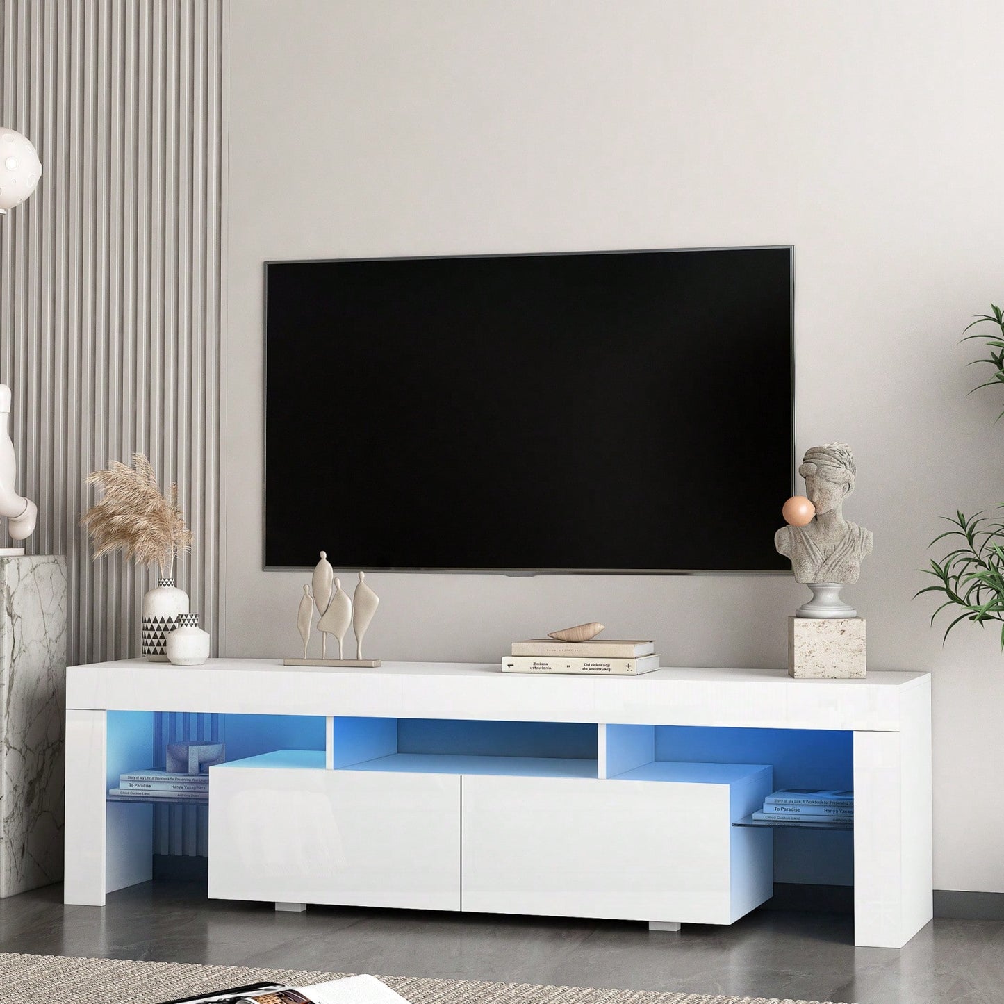 High Gloss TV Stand With LED Lights For TVs Up To 65'', Modern TV Console With Storage Cabinets For Living Room