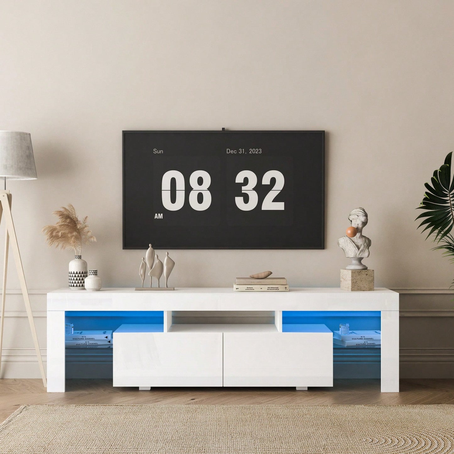 High Gloss TV Stand With LED Lights For TVs Up To 65'', Modern TV Console With Storage Cabinets For Living Room