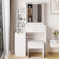 Compact Vanity Table with Cushioned Stool and LED Touch Control Mirror Tri-Color Brightness Adjustable