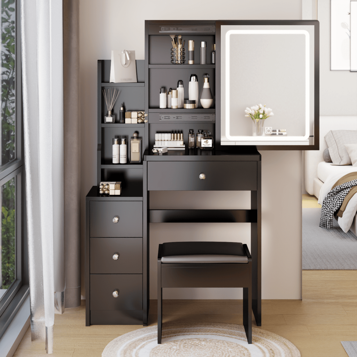 Compact Vanity Table with Cushioned Stool and LED Touch Control Mirror Tri-Color Brightness Adjustable
