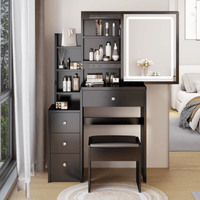 Compact Vanity Table with Cushioned Stool and LED Touch Control Mirror Tri-Color Brightness Adjustable