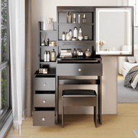 Compact Vanity Table with Cushioned Stool and LED Touch Control Mirror Tri-Color Brightness Adjustable