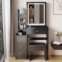 Compact Vanity Table with Cushioned Stool and LED Touch Control Mirror Tri-Color Brightness Adjustable